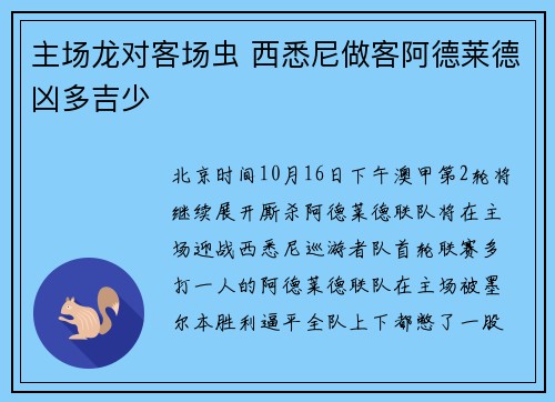 主场龙对客场虫 西悉尼做客阿德莱德凶多吉少